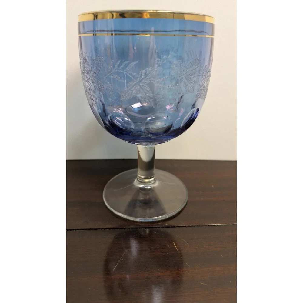 Vintage Blue Glass Goblet Gold Gilt Etched Grapevine Thumbprint Wine Glass